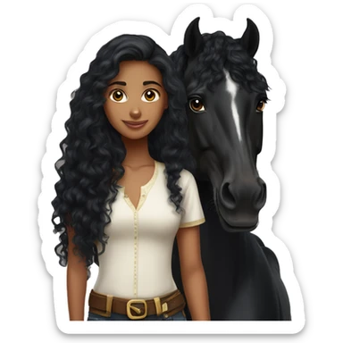  Brazilian girl, long black curly hair, standing next to a black Arabian horse sticker