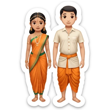 31 years young and small Brahmin boy with traditional formal cotton shirt and cotton lungi is pleasent peaceful thankful to 18 years young and fat and tall Brahmin girl with the complete decoration of bharatanatyam as godess lakshmi devi. sticker