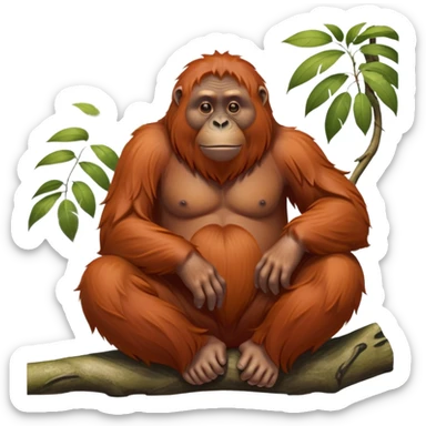 cinematic-orangutan-realistic-full-body-sitting-emoji,-massive-frame-relaxed-with-arms-folded-thoughtfully,-thick-orange-fur-flowing-in-the-breeze,-head-tilted-dramatically,-deep-dark-eyes-filled-with-ancient-wisdom,-simplified-yet-realistic-focused-features,-highly-detailed,-glowing-with-an-almost-sarcastic-glow sticker