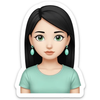A girl emoji wearing silver jhumka and light mint green colour tshirt with dark black hair sticker