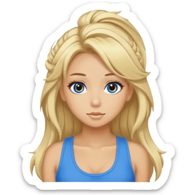 A very tan girl in a blue tank with yamamba gyaru makeup and big blonde hair sticker