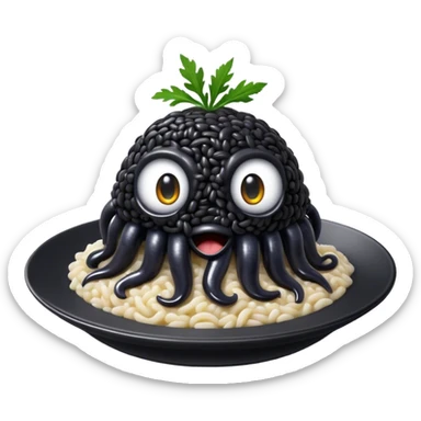 Cinematic Realistic Black Risotto Dish Emoji, showcasing a rich squid ink-infused risotto rendered with bold textures and dynamic, dramatic lighting. sticker
