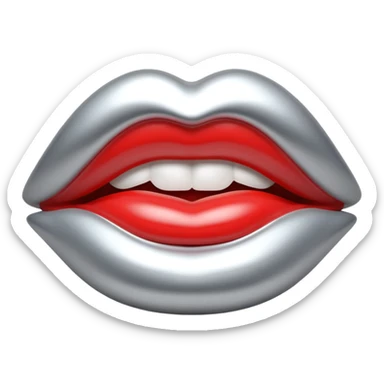 female lips emoji, smooth liquid metal chrome surface, sensual sculpted shape, high-gloss reflections, monochrome futuristic 3D style, isolated on white sticker