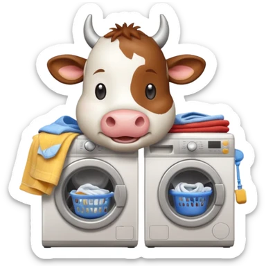 cartoon cow loading laundry into a washing machine sticker
