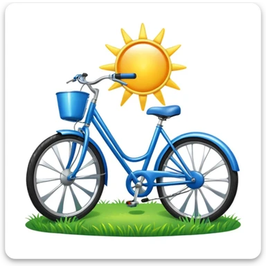 blue bike emoji with a park background featuring green grass and a shining sun, vibrant and cheerful sticker