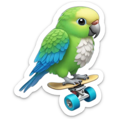 Budgerigar blue and white parrot rides a skateboard sticker