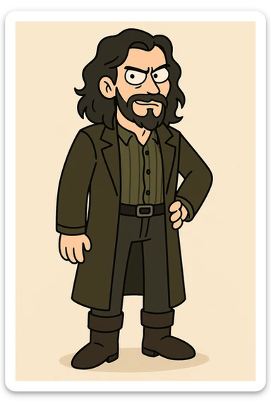 full body illustration of Sirius Black in cute, cartoon, simplified style with bold black lines and soft colors, long dark hair, beard, rebellious expression, wearing dark overcoat and boots sticker
