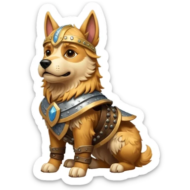 valorous Viking dog in Valhalla, detailed armor, heroic pose, glowing sky sticker