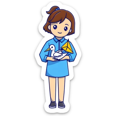 Happy Ukrainian young girl with brown hair in a white embroidered shirt holds an origami yellow and blue crane sticker