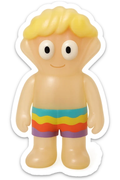 贝壳, retro 90's toy style, very transparent and slightly see-through, natural tan skin, blonde hair, colorful shorts, large white eyeballs with small black pupils, soft plastic texture, soft reflections, soft and squishy, some cloudiness, not shiny, highly detailed, appealing, no tag, no background sticker