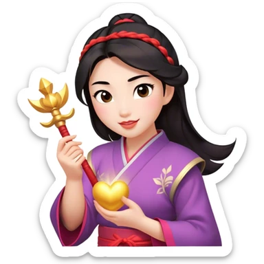 Cinematic Adorable Mulan Portrait Emoji, Playfully holding Cri-Kee in her hands, eyes sparkling with mischief, soft rosy cheeks, a warrior with a heart full of charm, radiant in the morning sunlight, glowing with warmth and joy! sticker