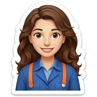 30 yr old italian woman, long brown wavy hair, big brown eyes, huge smile, work clothes, no bangs,  sticker