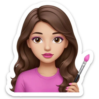 girl with long wavy brown hair, brown eyes, light to medium complexion, in a pink shirt, pink lips, long lashes, puckered lips,  painting long nails sticker