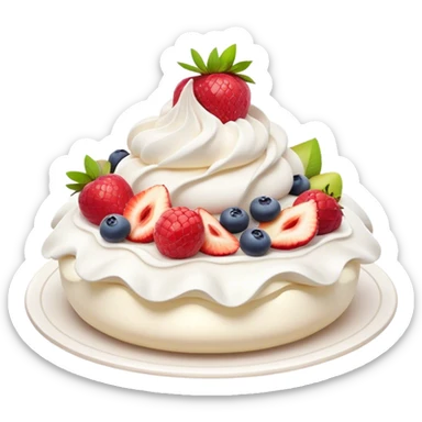 Cinematic Realistic Pavlova Dessert Emoji, showcasing a delicate meringue dessert topped with fresh fruit rendered with lifelike texture and soft natural lighting. sticker