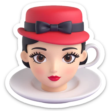 espresso cup with a feminine face, elegant eyelashes, red lips, and a tiny hat sticker