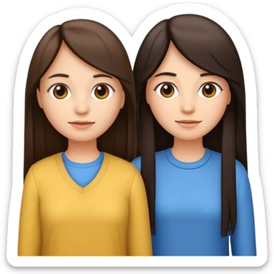 generate me emojis of sisters, one should look older, the other younger. the older one has dark brown hair, long, straight, the younger one is slightly lighter, also straight, long. clothes are any in principle, the main thing is that they more or less look like each other sticker