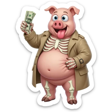 jiggly fat skeleton with bulging eyeballs and massive tongue sticking out rubbing its fat belly holding up a dollar bill with a pig wearing a trenchcoat sticker