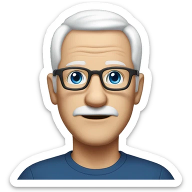 white older man with square glasses, white hair on sides of his head, big ears and expression lines on mouth sides of mouth, tilted head to the side, blue eyes and no beard no mustache sticker