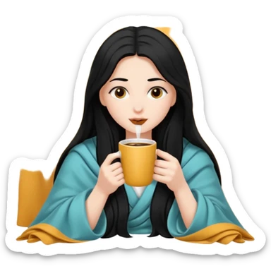 Pale girl with black long hair inside blanket drinking coffee sticker