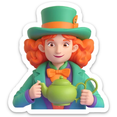 Mad Hatter from Alice in Wonderland, wild orange hair, oversized green hat, holding a teapot, whimsical and energetic style, stylized as an emoji sticker