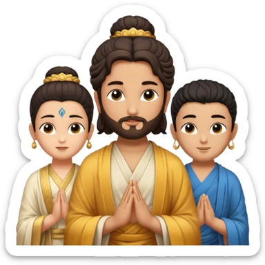 Create a Jesus, Krishna, and Buddha standing together. Buddha: warm golden or light tan skin, dark curled hair with a traditional top bun (ushnisha), half-closed meditative eyes

 sticker