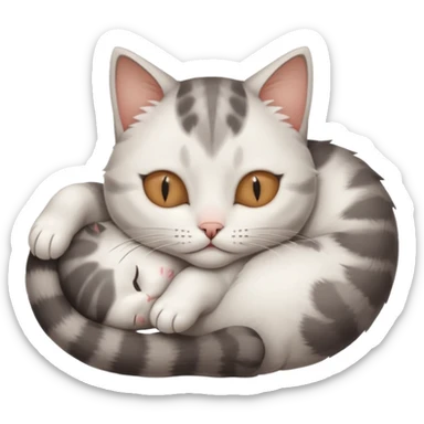grey and white small cat with eyes closed lying down upside down tightly hugging its own face sticker