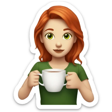 a girl with green eyes and red hair holds a mug of tea sticker