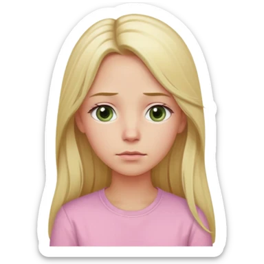 blonde with long hair and swamp-colored eyes, wearing a pastel pink shirt, thoughtful expression, head slightly tilted, iOS Apple emoji style sticker