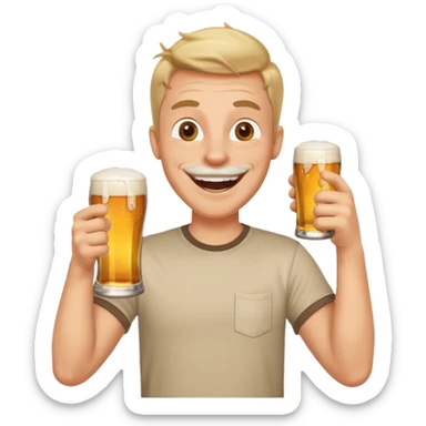 male memoji, cheerful man in t-shirt, holding beer glass, laughing, surrounded by party vibe, friendly goofy look sticker