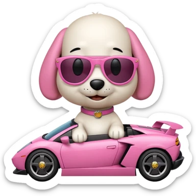 Snoopy in a Lamborghini, the Lamborghini is sideways and Snoopy isn't big, the Lamborghini is pink sticker