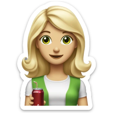 Blonde girl with shoulder length hair and swooped, bangs, big green eyes holding a diet Dr Pepper and looking happy sticker