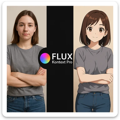 create before after image of a girl before is realsitic photo, after is anime version of her in same pose and clothes, add logo with text of a "FLUX Kontext Pro" in middle in big, black background sticker