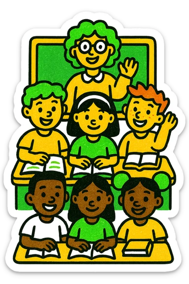 multicultural class of students, modern look, green gold and white color scheme, rounded shapes, simple design sticker