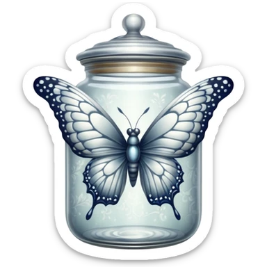 A silver butterfly traped in an old jar sticker