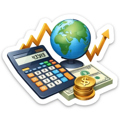 An icon featuring a calculator, a dollar sign, and a chart with upward trends, symbolizing economics. The design includes coins, bills, and a globe, representing global trade and financial systems. Transparent background highlights the study of markets, supply, and demand. sticker
