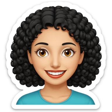 30 year old iranian woman very short curly black hair, big brown eyes, tanned skin, big smile, white teeth, pretty sticker