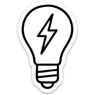 minimalist vector icon of a classic incandescent lightbulb with rounded glass bulb and screw-in base, with a sharp angular lightning bolt passing vertically through the center of the bulb, clean modern vector art, single dark gray color, no gradients or shadows, bold clear lines, balanced proportions, unified design sticker