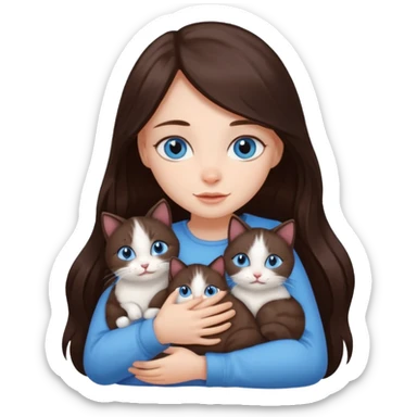 a pretty girl with long dark 
brown hair, with blue eyes, hugs 3 different natural coloured small cats sticker