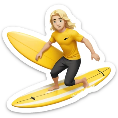 Man surfing on a yellow white board with long blond hair, yellow t-shirt with black Nike logo in center of chest, black baggy sweatpants. sticker