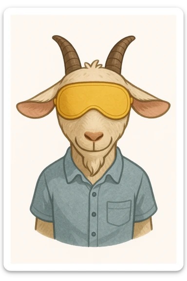 a goat with yellow sleep mask and wearing shirt, front view,  Frontal Top-Down Soft Light, white background, portrait, casual cartoon stylized sticker