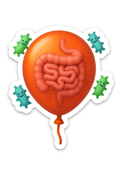 emoji stile iphone di un palloncino con intestino dentro e batteri intestinali intorno sticker