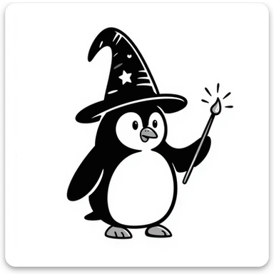 A penguin wizard with a pointy hat and a magic wand sticker
