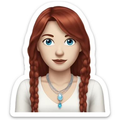 woman with pale skin, blue eyes and long dark red hair with layers and fringe bangs, wearing a white top and silver jewellery sticker