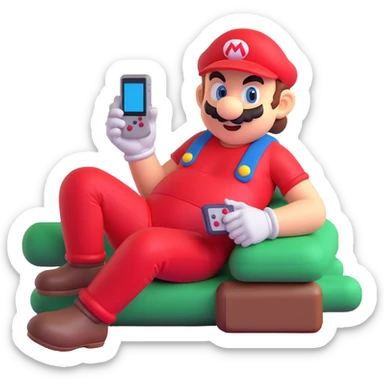 Super Mario lounging and playing a Gameboy, relaxed pose sticker