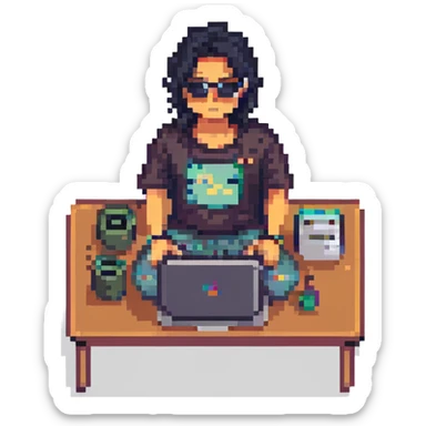 Asian man with black hair, wearing sunglasses, sitting in front of a laptop, pixel art style sticker