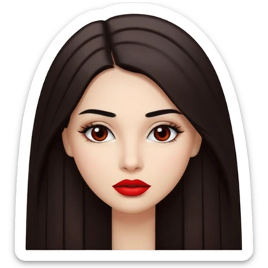 A woman emoji with fair skin, long straight dark brown hair parted in the middle, dark eyebrows, and red lipstick. sticker