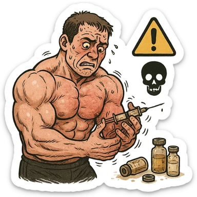 beginner bodybuilder injecting anabolic steroids without hygiene, dirty syringe, open vials, trembling hands, danger symbols and skull, swollen muscles but reddened skin, isolated on white background sticker