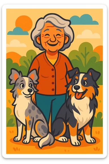 smiling older woman with grey hair standing with two mini Australian shepherds, one delicate feminine dog and one masculine dog, both showing distinct personalities in a warm, friendly illustration sticker