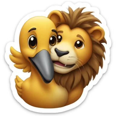 lion and duck hugging each other and super happy sticker