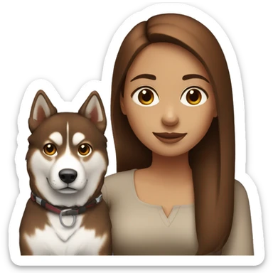 woman with straight brown hair sitting with red husky sticker